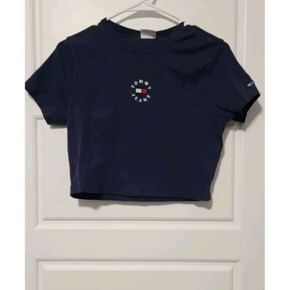 Tommy‎ Hilfiger Logo Crop Top T-shirt Navy Blue Crew Women's Size Large